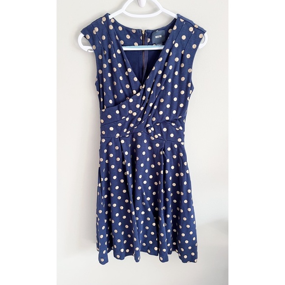 Anthro Maeve navy blue/gold polka dot swing dress XS - Picture 2 of 9
